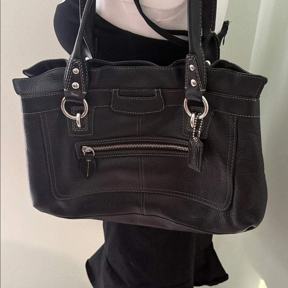 Coach Penelope Black Leather Shoulder Bag with Silver Accents